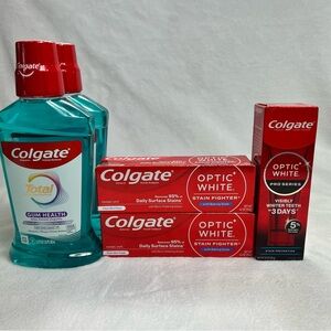 Colgate OpticWhite  ,Colgate Optic White Pro series and Colgate Total mouthwash.